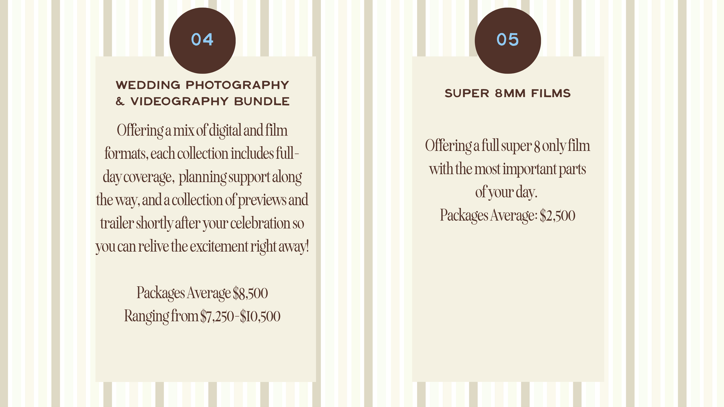 A promotional flyer advertising wedding photography and videography packages as well as film supplies, with details about package averages and costs, set against a vertically striped beige and white background.