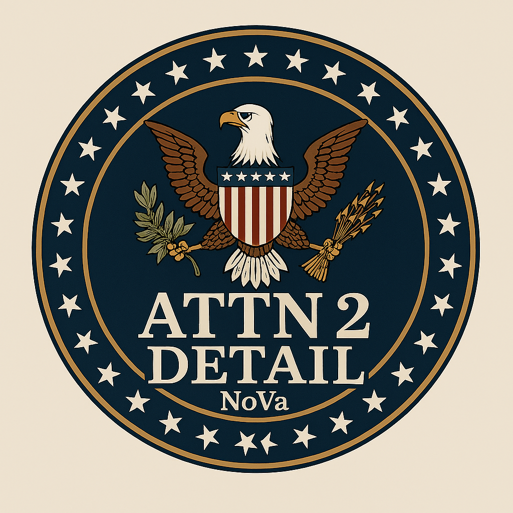 A circular emblem featuring a bald eagle holding a branch of olive leaves in its left talon and a bundle of arrows in its right talon, with stars and stripes on its chest, and the text "ATTN 2 DETAIL NoVa" in the center.