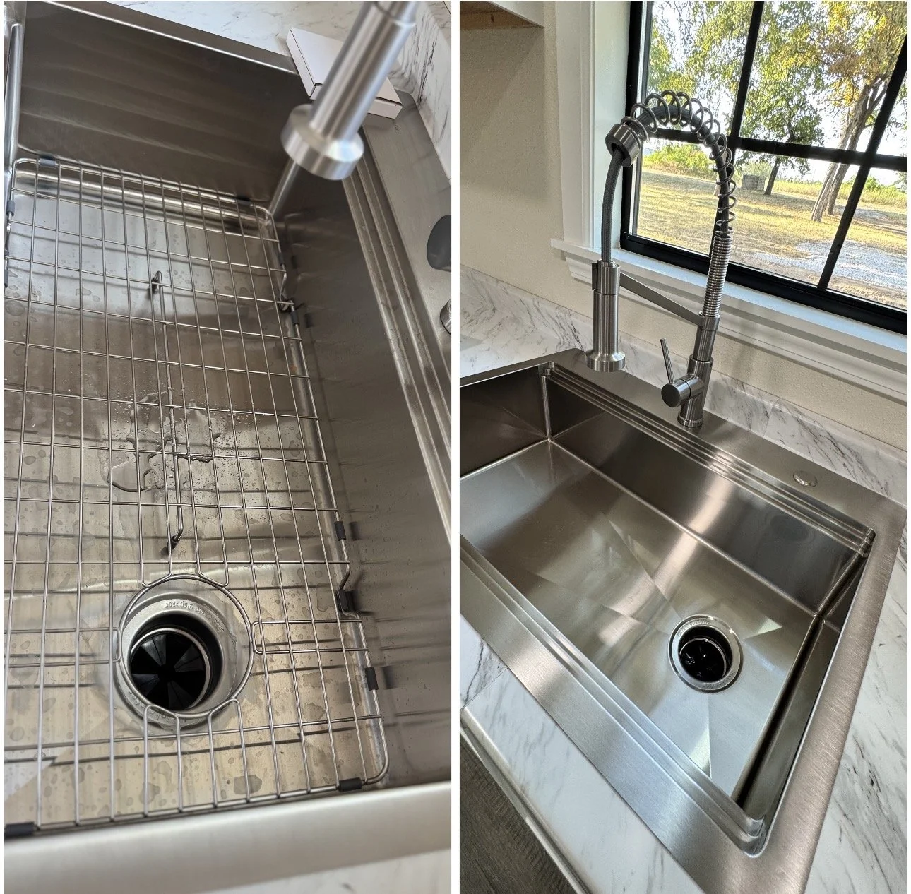 Before-and-after comparison of a stainless steel kitchen sink showing removal of residue and buildup.