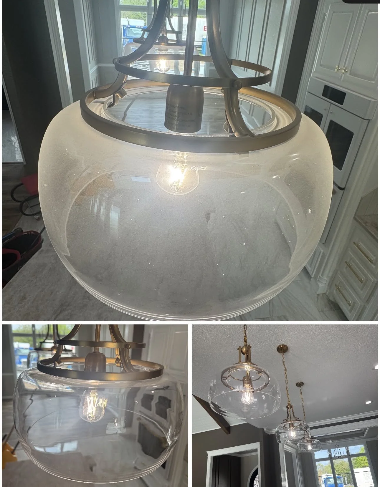 Before-and-after cleaning of a glass pendant light fixture showing removal of dust and buildup.