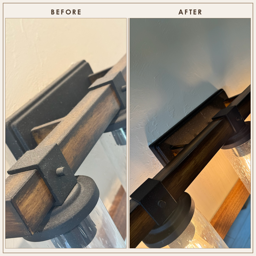 Before-and-after comparison of a wooden light fixture showing dust removal and detailed cleaning.