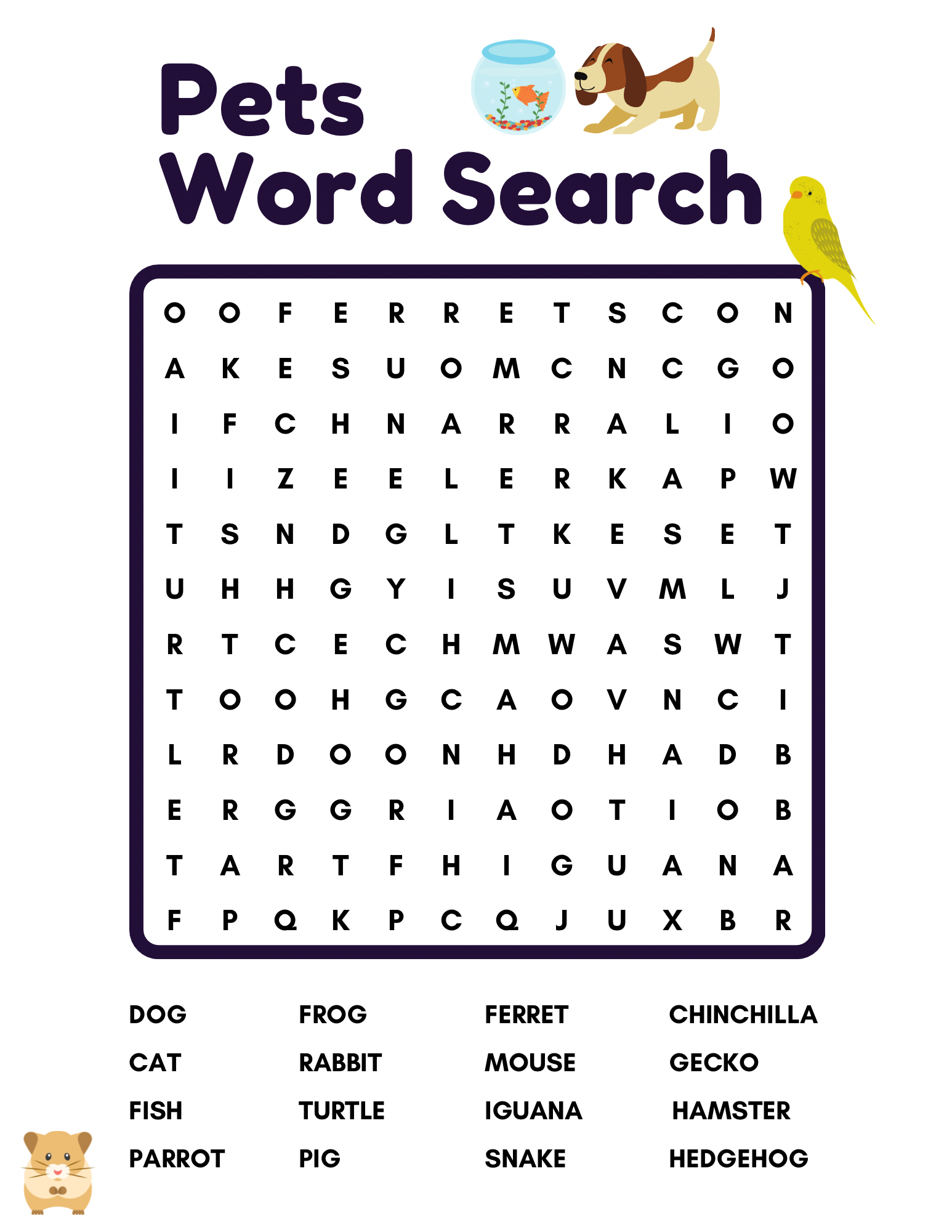A pet-themed word search puzzle titled 'Pets Word Search' with a fishbowl, dog, and yellow bird illustrations. The list of pet words includes dog, cat, fish, parrot, frog, rabbit, turtle, pig, ferret, mouse, guinea pig, snake, chinchilla, gecko, hamster, and hedgehog.