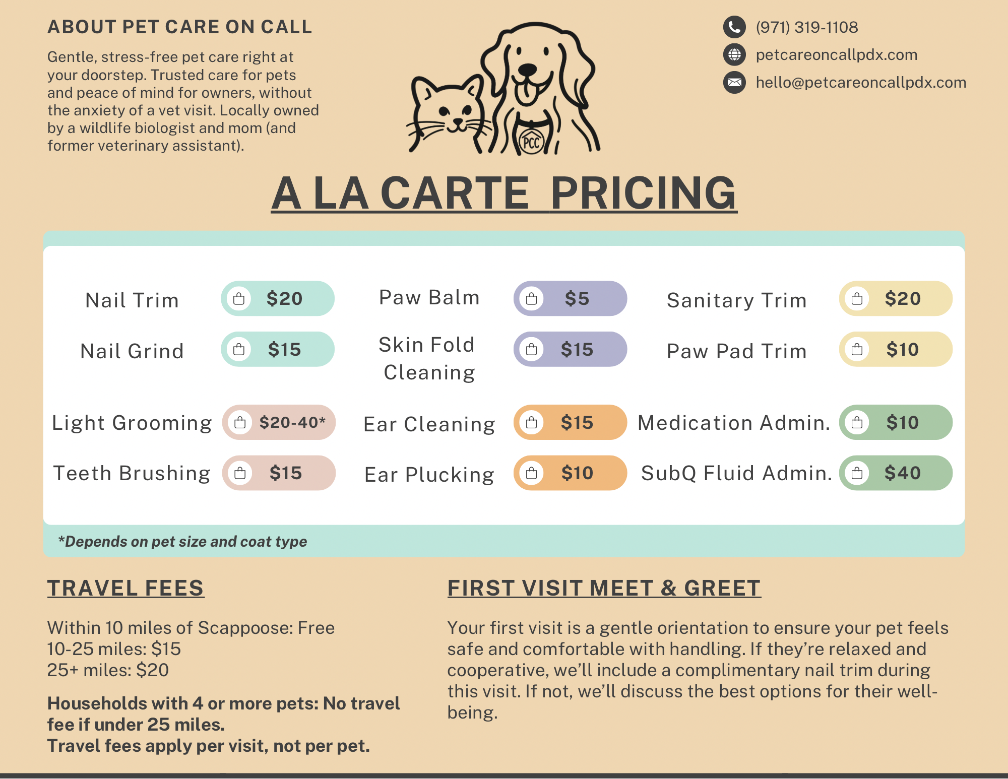 Pink and beige pet grooming price list with services and prices, including nail trim, paw balm, sanitary trim, light grooming, ear cleaning, and medication administration, with a contact number and website at the top.