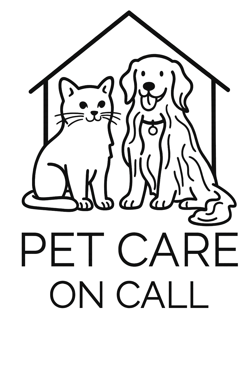 Line art of a cat and a dog sitting inside a house with the text 'Pet Care on Call' below.
