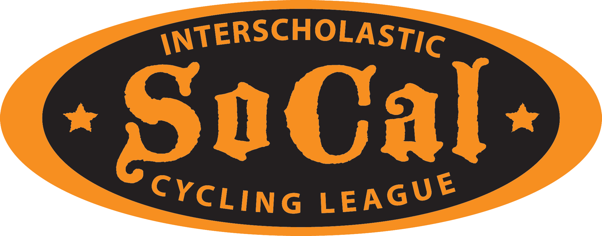 Logo for the Interscholastic Socal Cycling League with orange and black oval design, featuring the words "Interscholastic" at the top, "Socal" in large decorative font in the center, and "Cycling League" at the bottom, with two stars on either side.