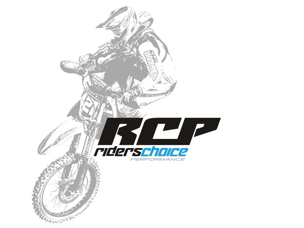 Illustration of a motocross rider on a dirt bike, with the words "RCP riders choice PERFORMANCE" in bold text.