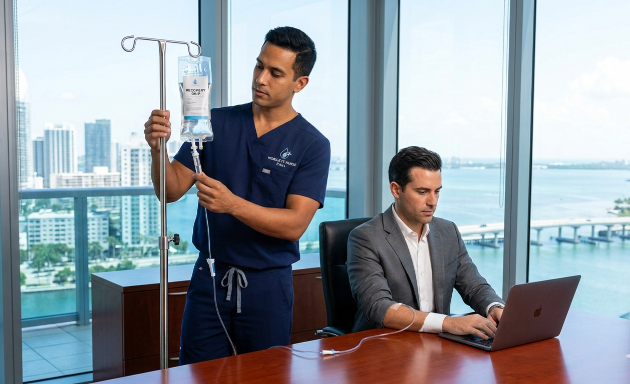 A professional male nurse administering a Hangover IV to an executive in a high-rise Brickell office overlooking Downtown Miami.
