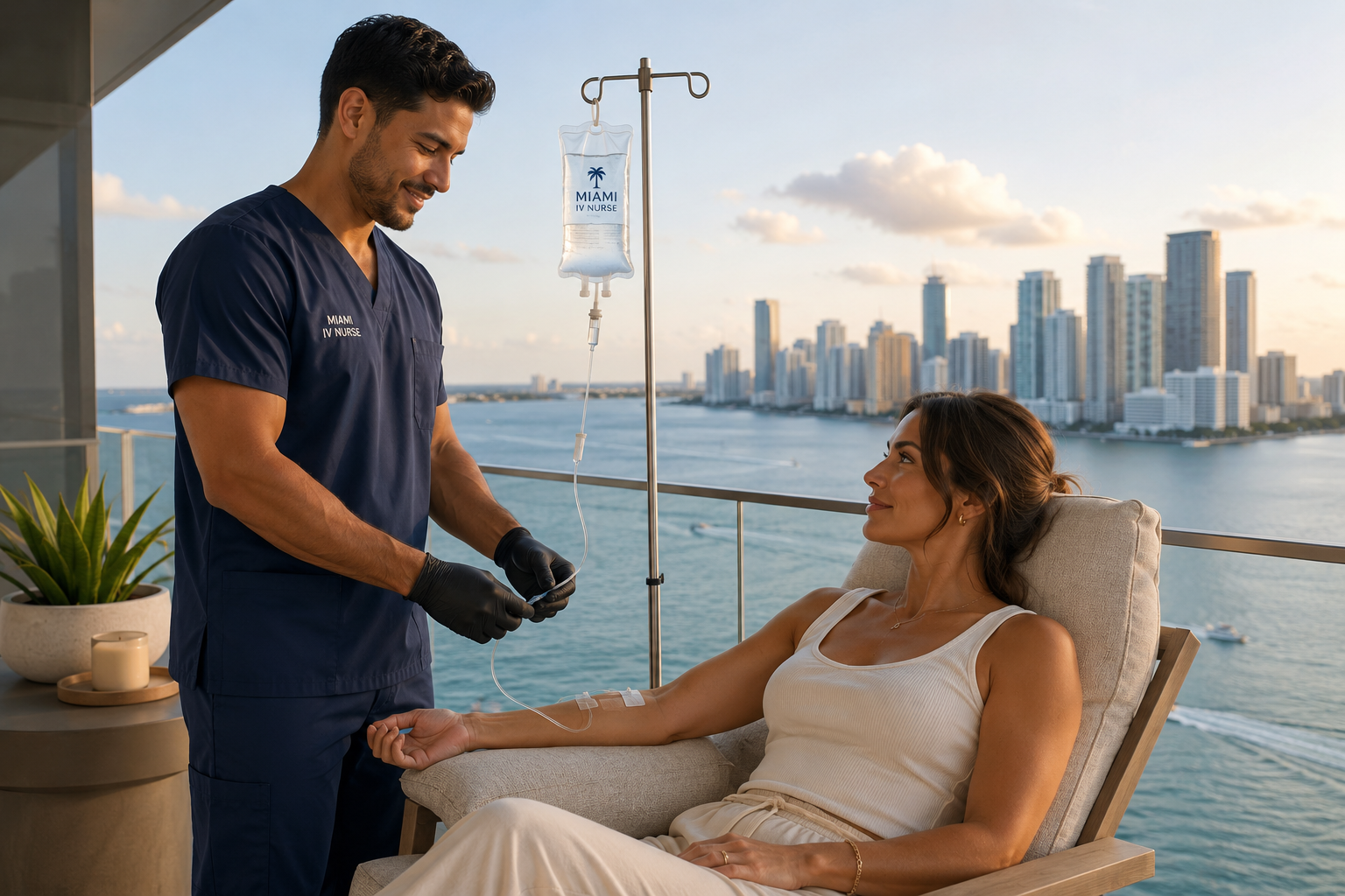 A licensed Registered Nurse administering an Immune Support IV drip to a female client relaxing on a balcony in a modern Edgewater Miami condo overlooking Biscayne Bay.