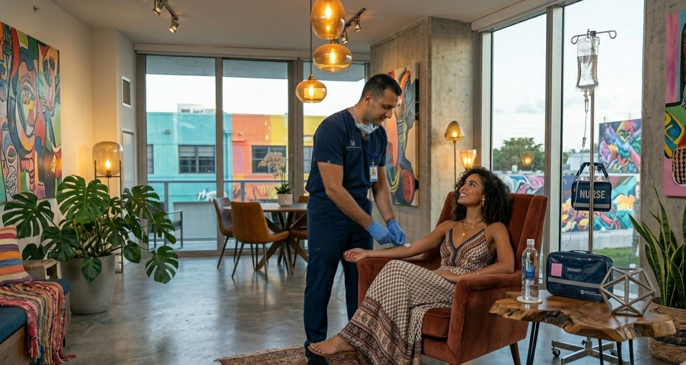 A licensed Registered Nurse administering a Hair, Skin and Nails IV drip to a stylish young female client in a trendy art-filled Wynwood Miami apartment with warm natural light