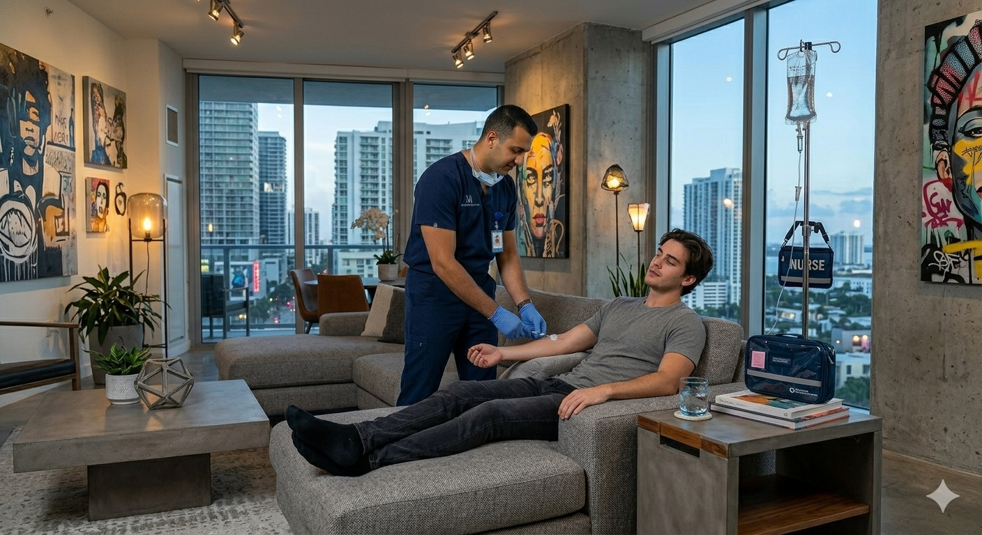 A licensed Registered Nurse administering a hangover recovery IV drip to a young male client relaxing on a sofa in a stylish Midtown Miami apartment with urban city views.