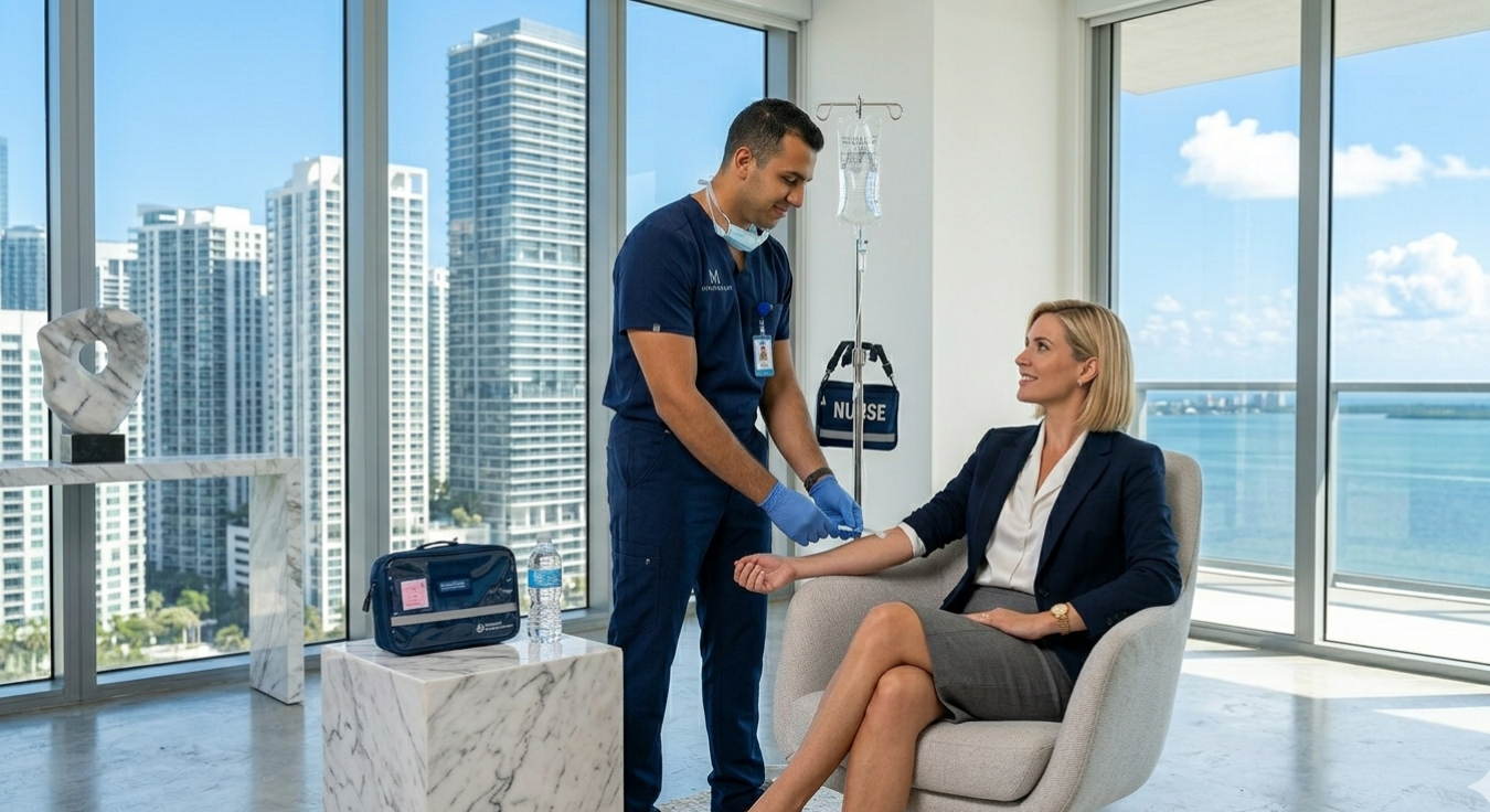 A licensed Registered Nurse administering an Immune Support IV drip to a professional female client in a modern Brickell Miami condo with floor-to-ceiling skyline views.