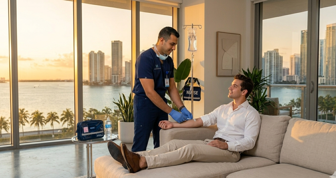 A licensed Registered Nurse administering a NAD+ IV drip to a young professional male client in a modern Edgewater Miami condo with floor-to-ceiling Biscayne Bay views at golden hour.