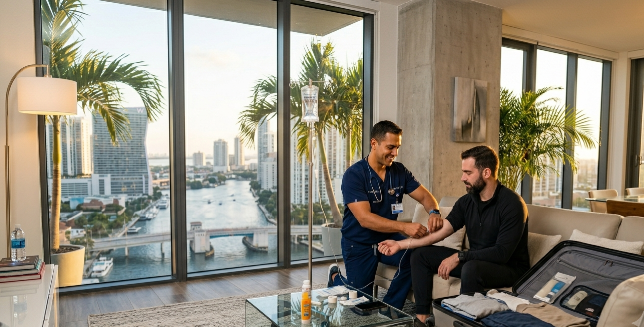 A licensed Registered Nurse administering an Immune Support IV drip to a male client preparing for travel in a bright Miami Beach hotel room with ocean views.