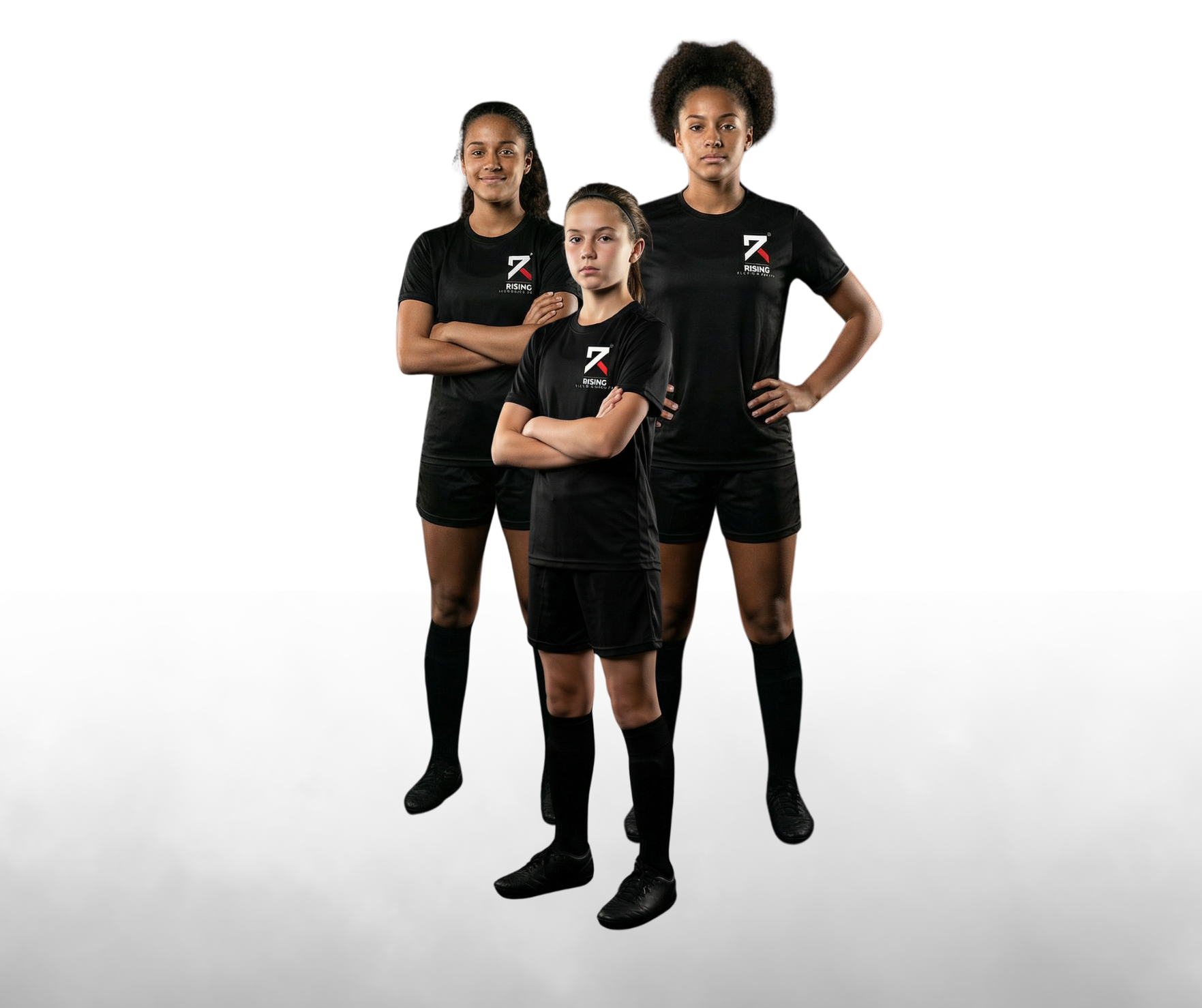 Three young female athletes standing with arms crossed, wearing black sports uniforms with a logo that says 'RISING'.