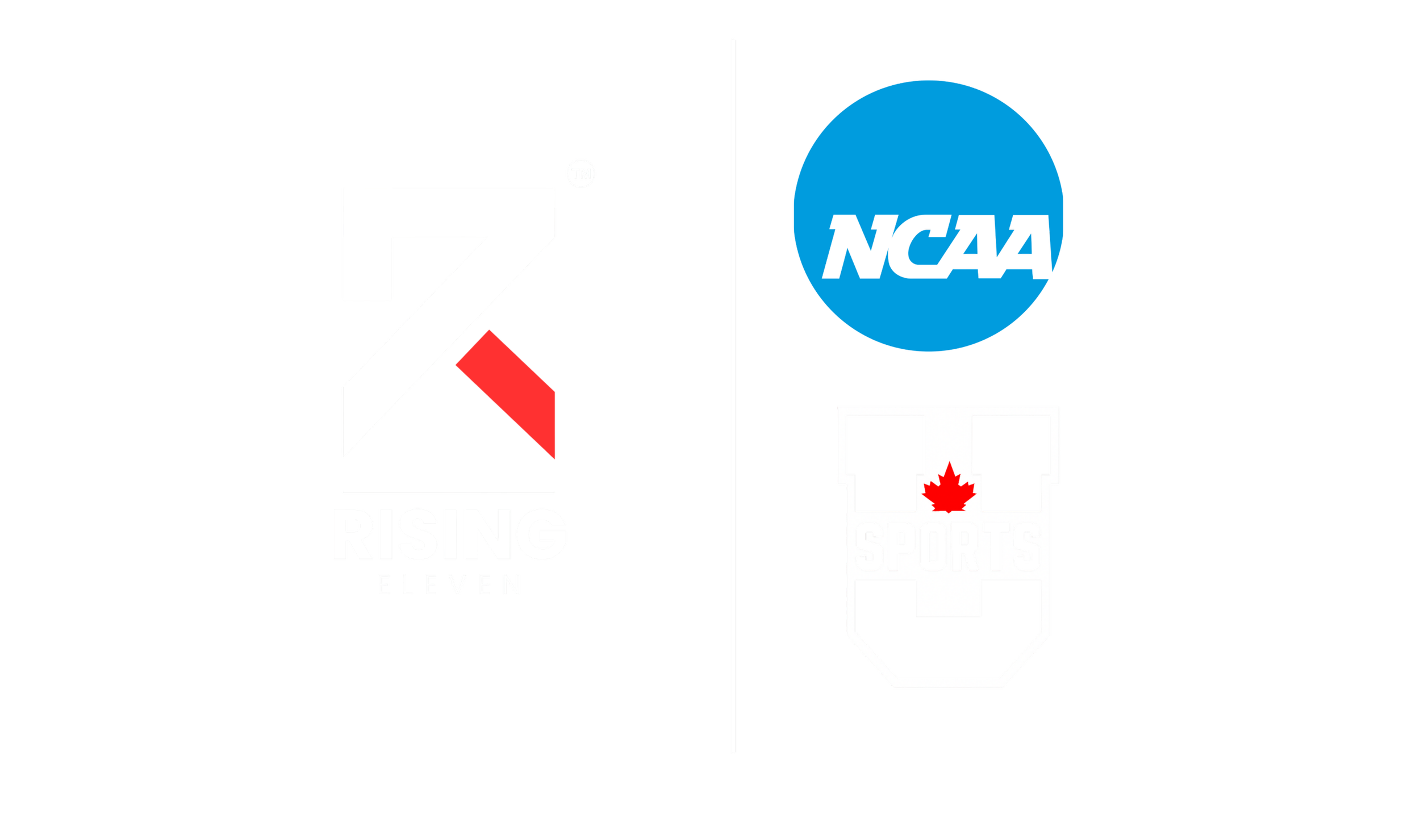 Logos for the 7 RISING Eleven basketball team, NCAA, and U SPORTS with a black background.