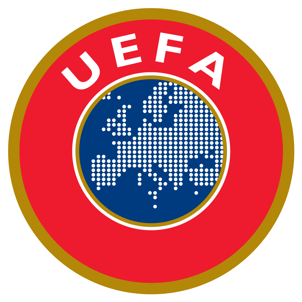 UEFA logo with a map of Europe made of white dots on a blue circle, surrounded by a red ring with gold border, and the letters "UEFA" at the top.