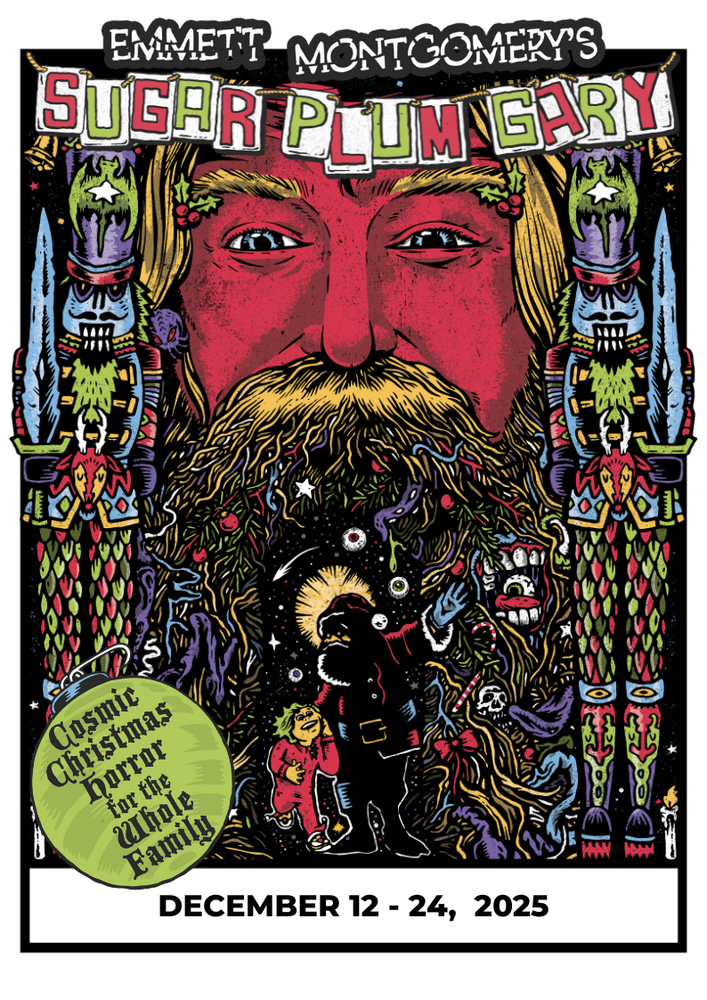 Colorful promotional poster for Emmett Montgomery's comedy show 'Sugar Plum Gyar' with Christmas and cosmic themes, featuring a bearded man with a cosmic background.