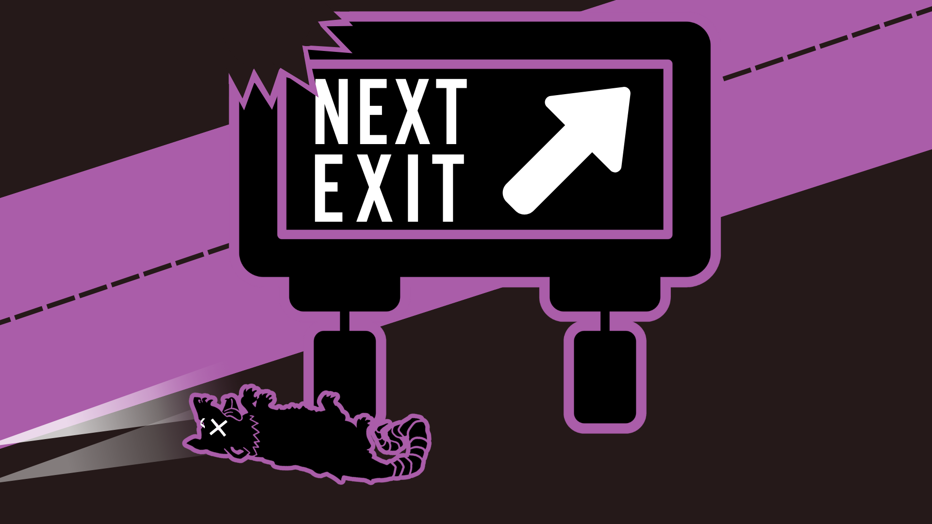 Landscape version of the Next Exit poster with Next Exit road sign above a highway and a dead possum.