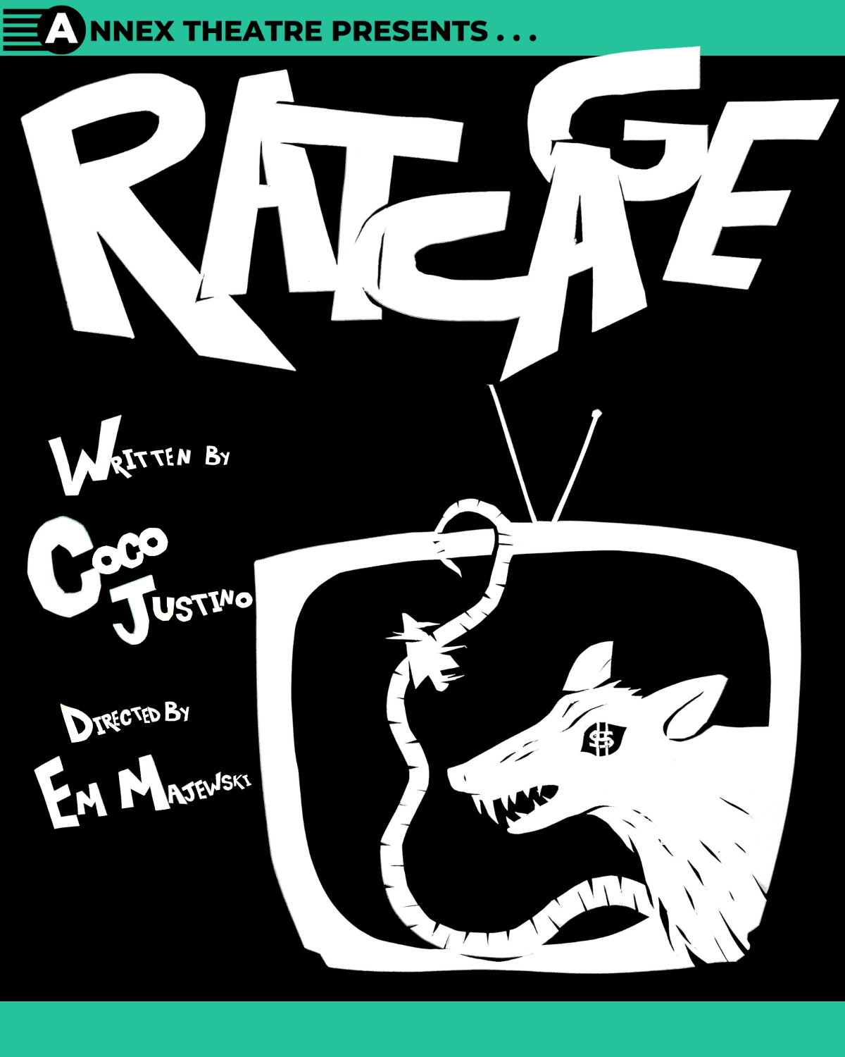 Rat Cage poster. Features stylized graphics of a rat cage with a rat and chairs inside, and the text indicates the play is written by Coco Justino and directed by Em Majewski.
