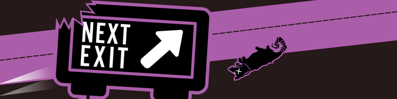 A banner version of the Next Exit logo. An illuminated sign pointing to the Next Exit with an arrow, alongside a small dead possum with X's over its eyes,  set against a purple background.