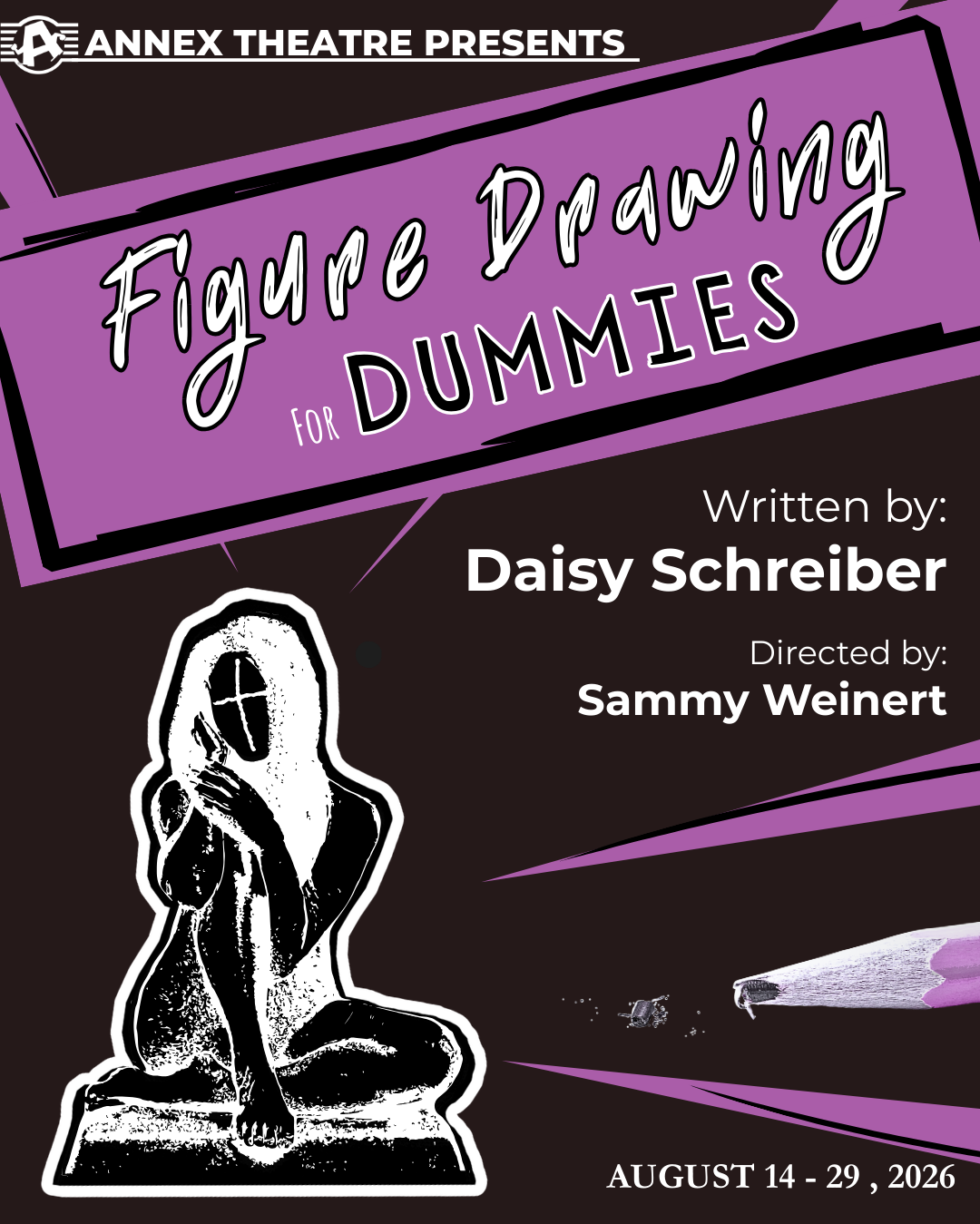 FIGURE DRAWING FOR DUMMIES poster, featuring titles of 2025 Work-In-Progress logos like: ' 'The Game Show,' and 'Dirty,' with a spotlight effect highlighting the text.