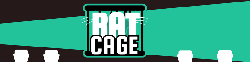 Graphic design with the words "Rat Cage" in bold white and black text, surrounded by a teal rectangle, with a teal background and white silhouettes of rat cages.