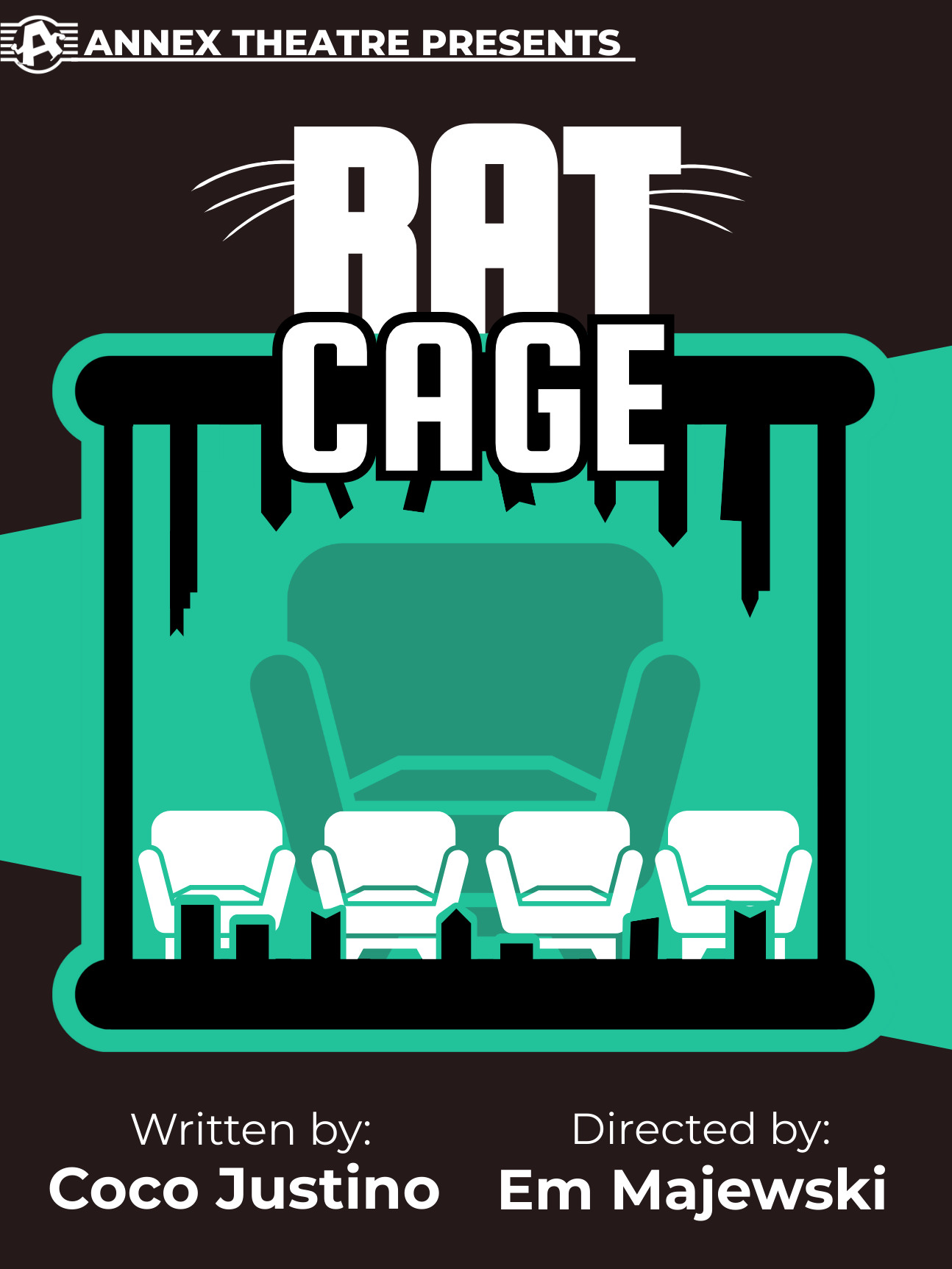 Rat Cage poster. Features stylized graphics of a rat cage with a rat and chairs inside, and the text indicates the play is written by Coco Justino and directed by Em Majewski.