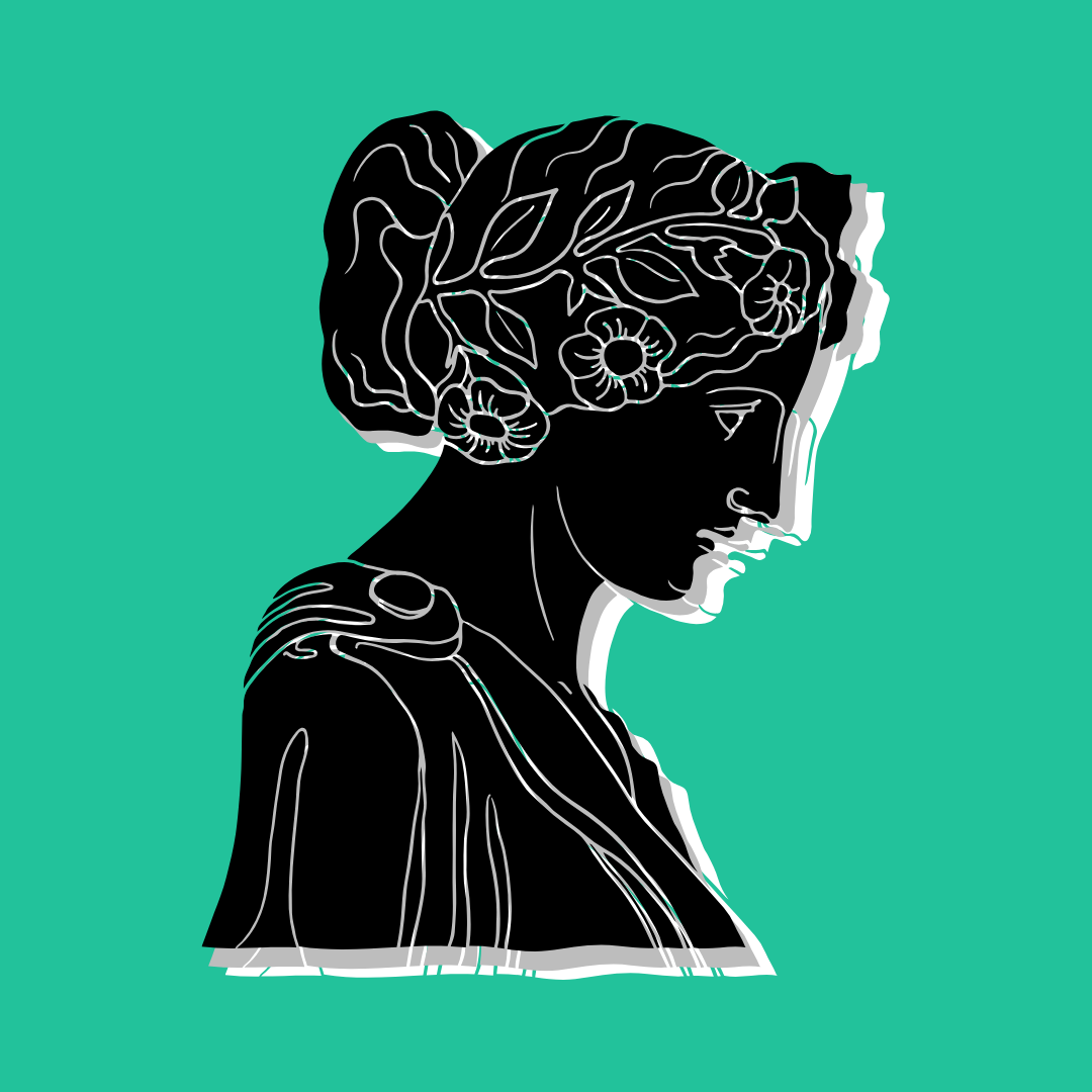 Square logo tile of We Forget to Remember. Digital illustration of a profile of a Greek woman in classical style of a bust, depicted in three layers of black, gray, and white against a teal-green background.