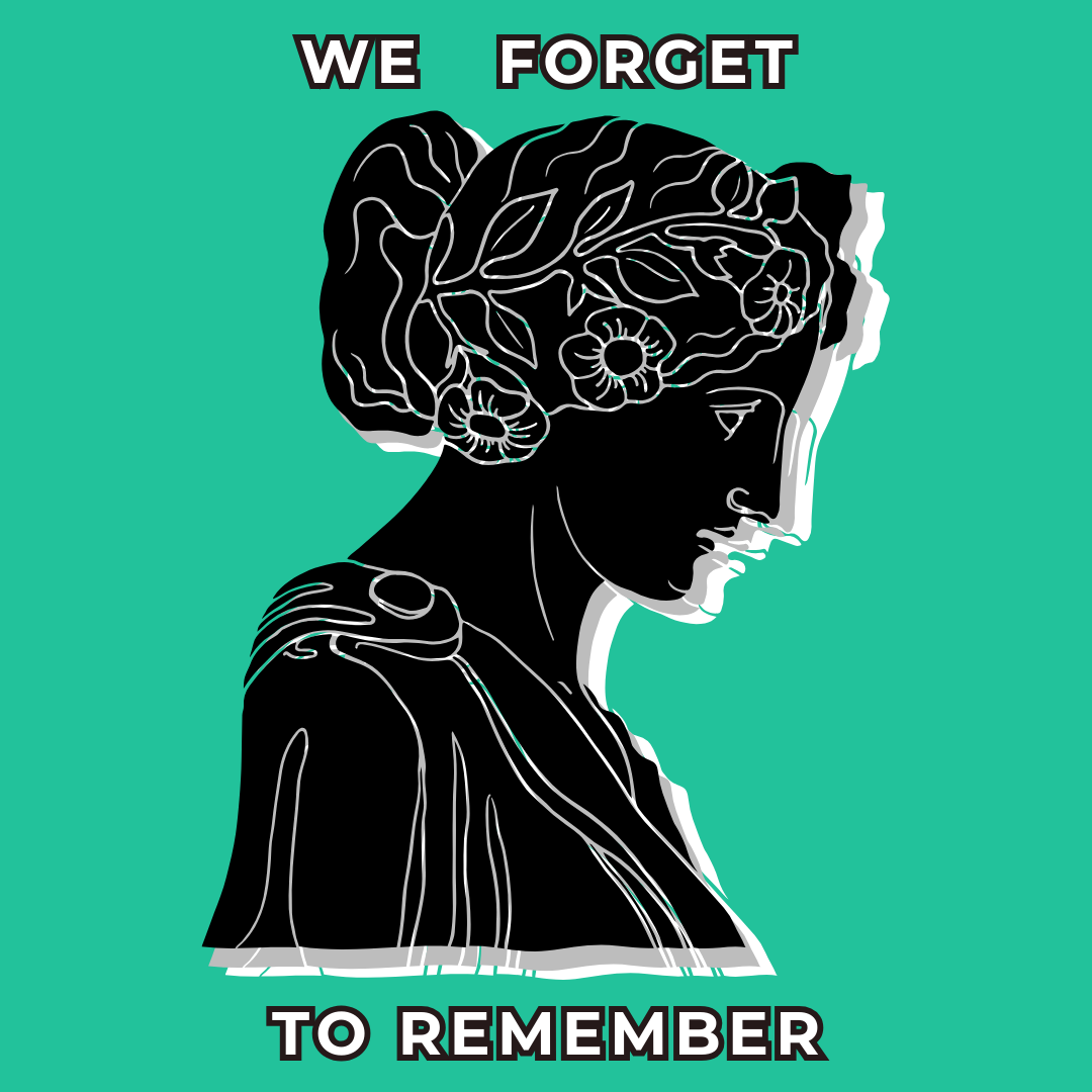 Square logo tile of We Forget to Remember. Digital illustration of a profile of a Greek woman in classical style of a bust, depicted in three layers of black, gray, and white against a teal-green background.