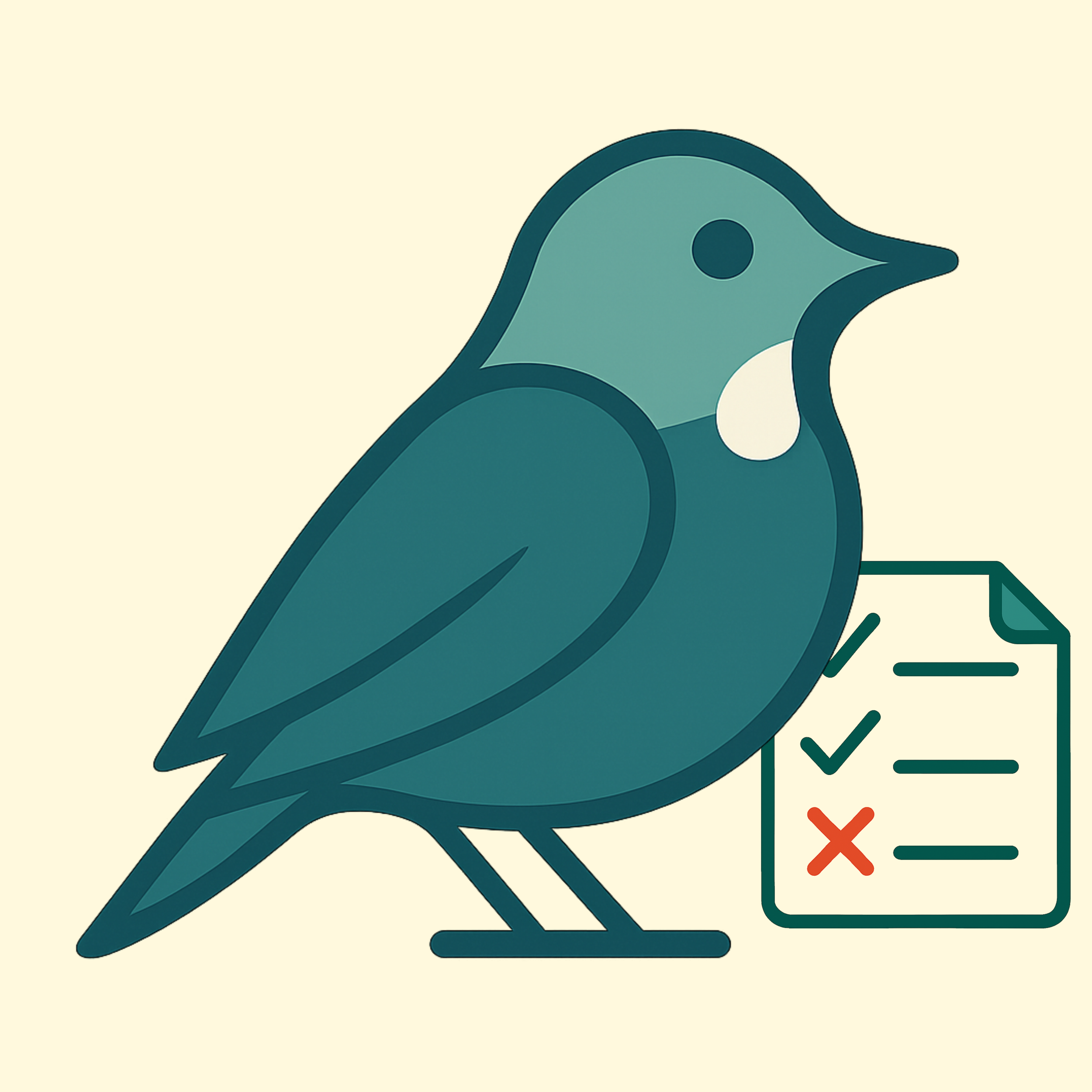 Stylized illustration of a bird with a checklist icon beside it.