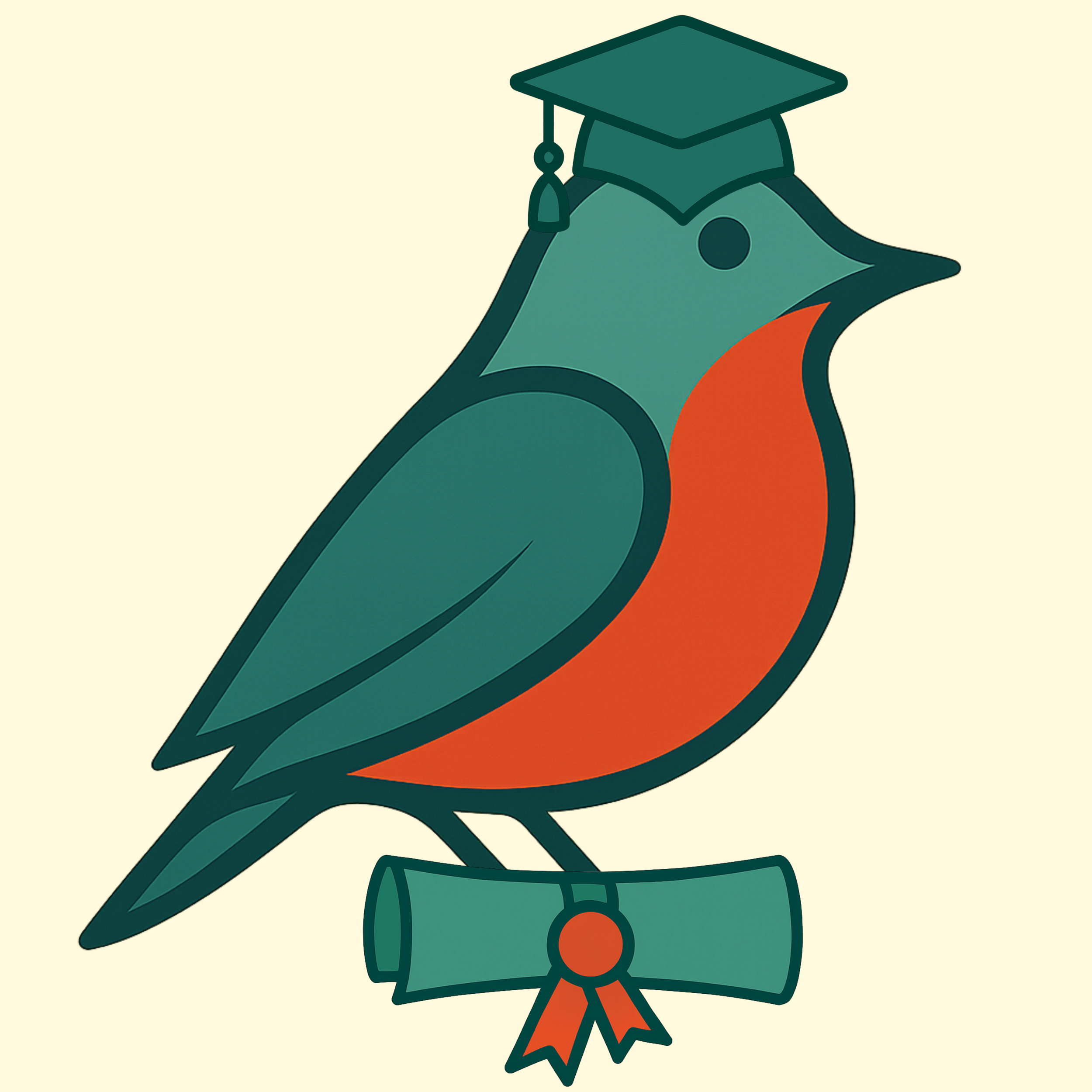 Illustration of a bird wearing a graduation cap, perched on a diploma tied with a ribbon.