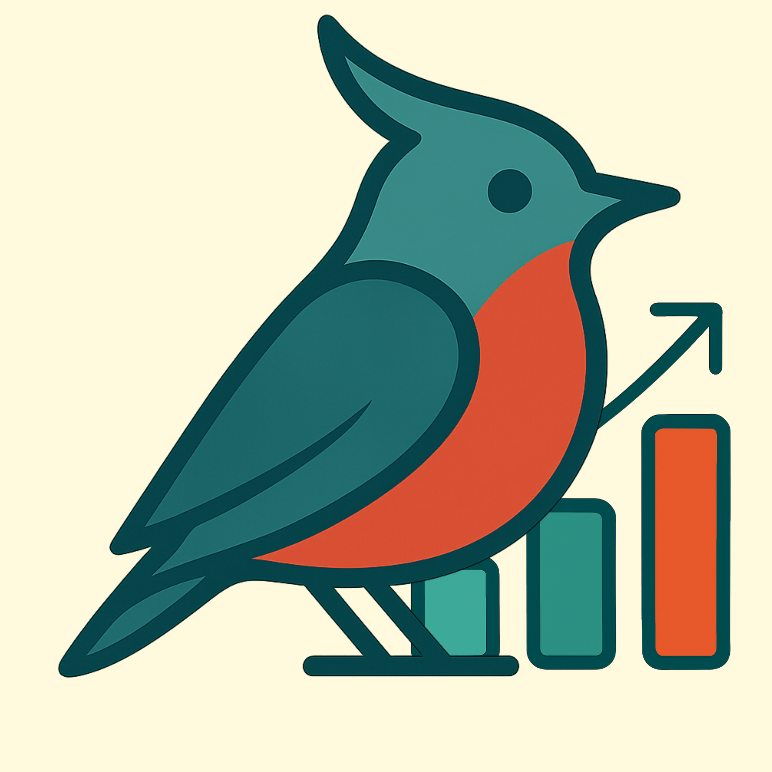 Stylized bird with upward trending arrow and bar charts indicating growth or progress.