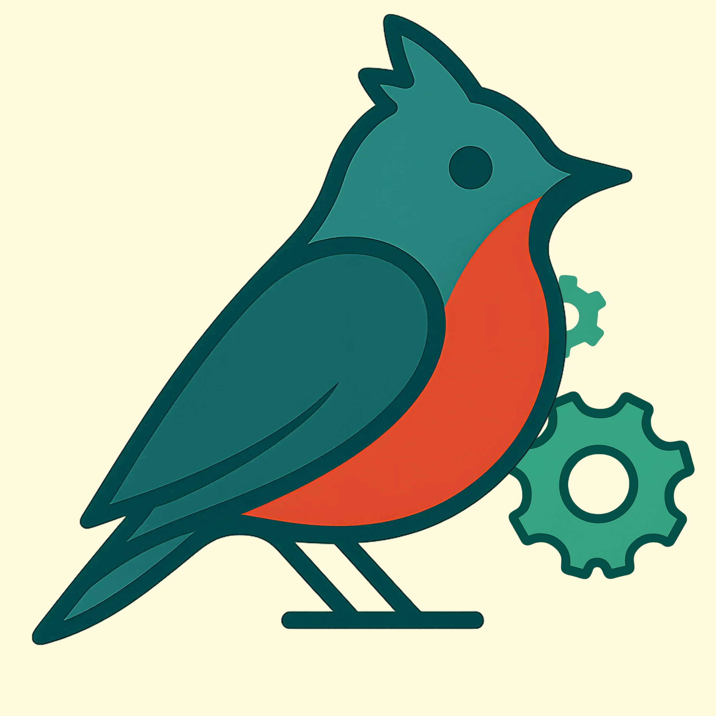 Digital illustration of a bird with gears in the background.