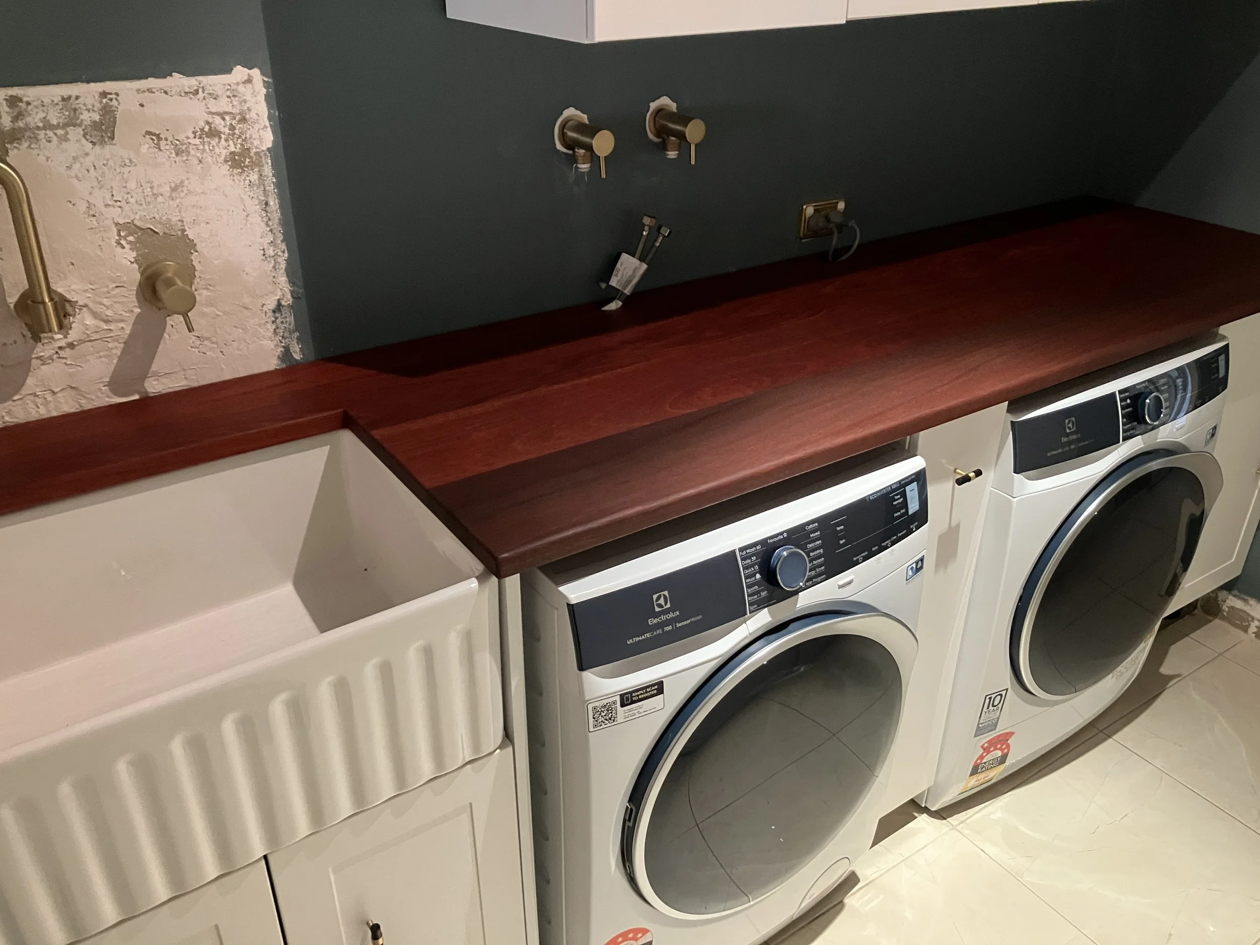 Jarrah laundry bench top with undermount sink