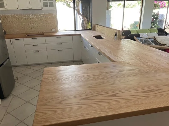 American red oak kitchen bench top installed and awaiting appliance installation