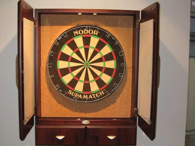 Jarrah Dart Board case with storage for Darts, chalks and scrore charts inside the doors.Cork backing.