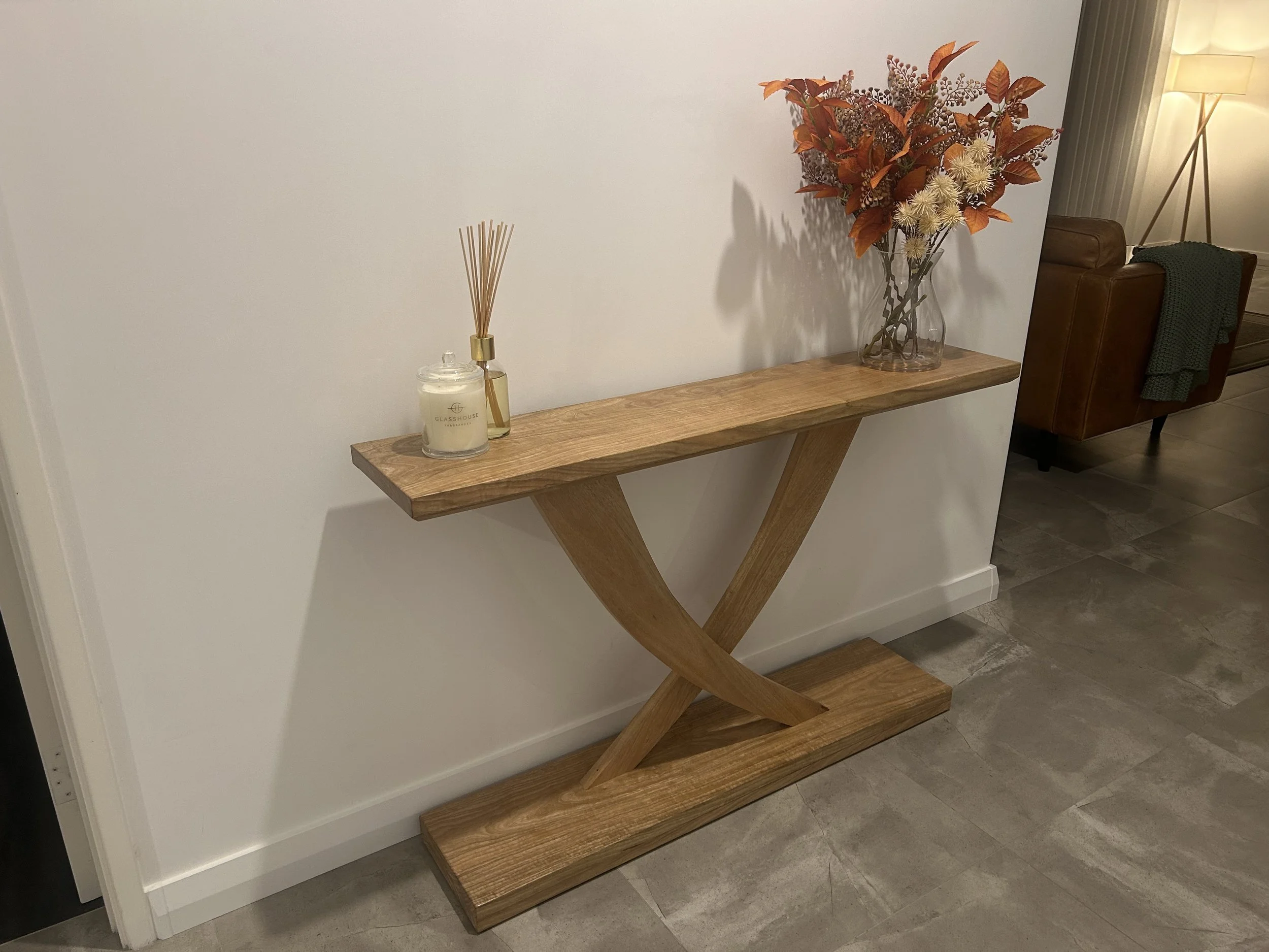 Custom slim line Marri crossed leg Hall table