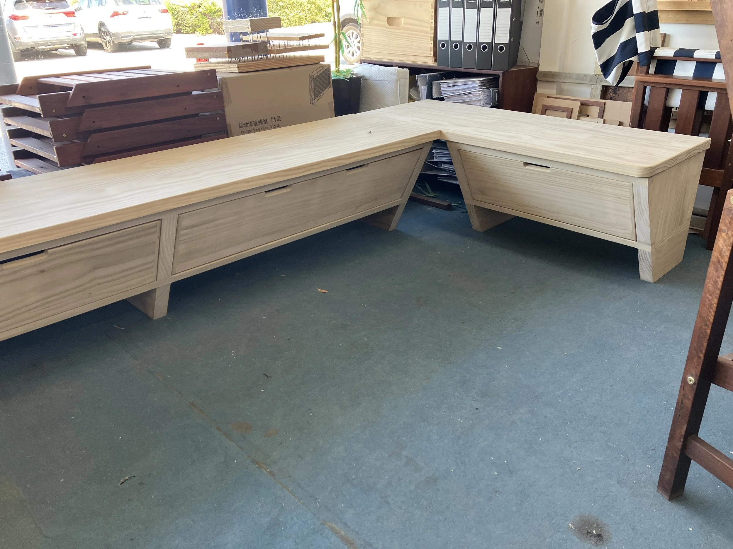 Accoya wall mounted benches with drawers below