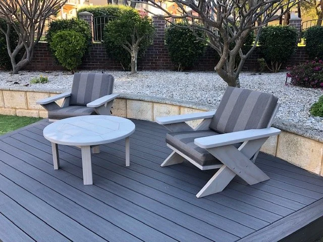 Frans Accoya X chairs in grey stain with Recacril cushions and 900mm diameter coffee table