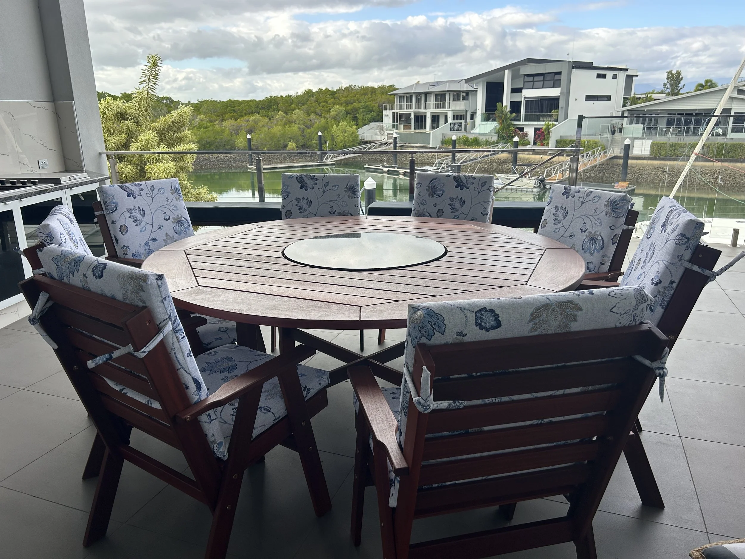 8 seat custom round Wideboard table with granite lazy susan