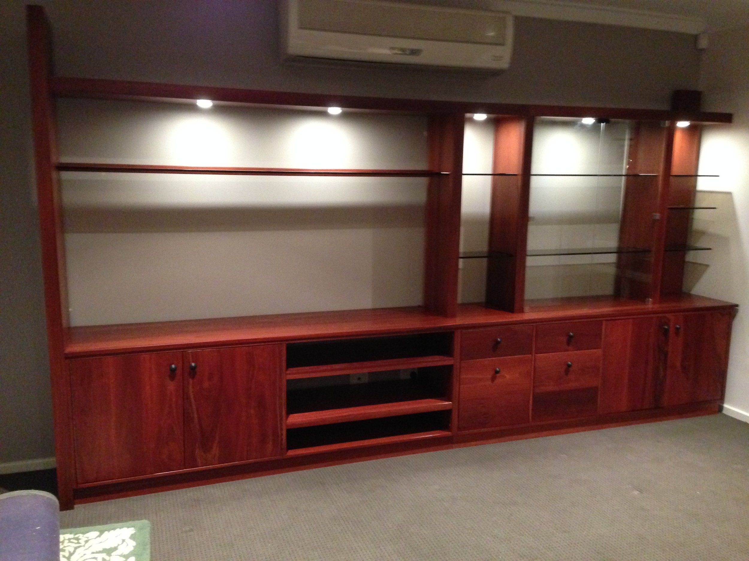 Jarrah entertainment unit and display shelves 4 m long 
