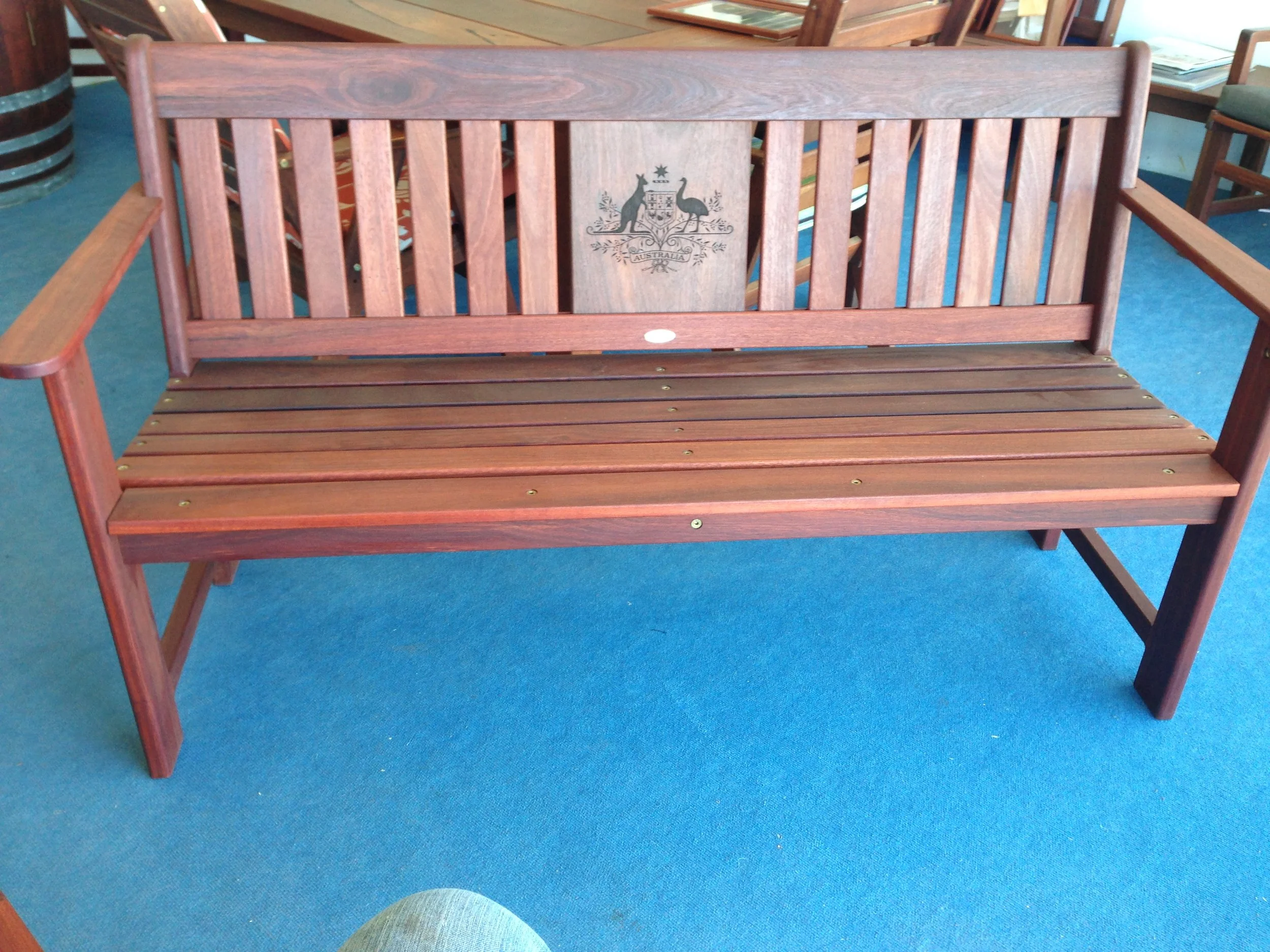 Clives bench with Australian Coat of Arms engraved