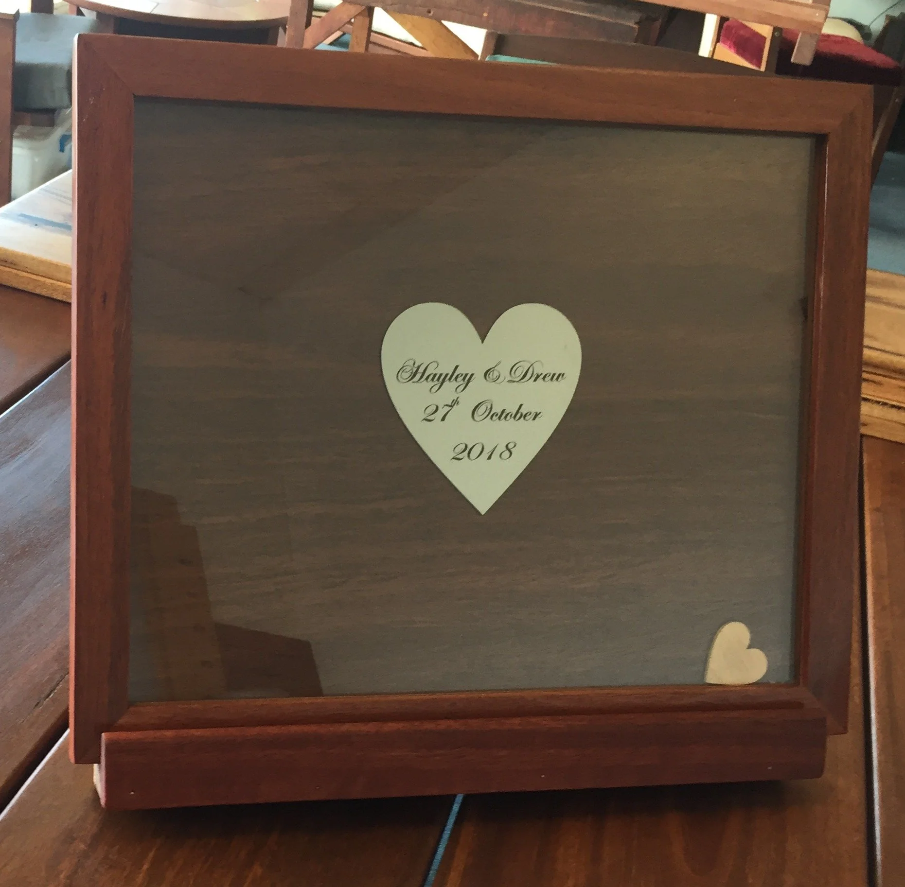 Shadow box frame, with posting slot, to hold wedding day messages on timber hearts