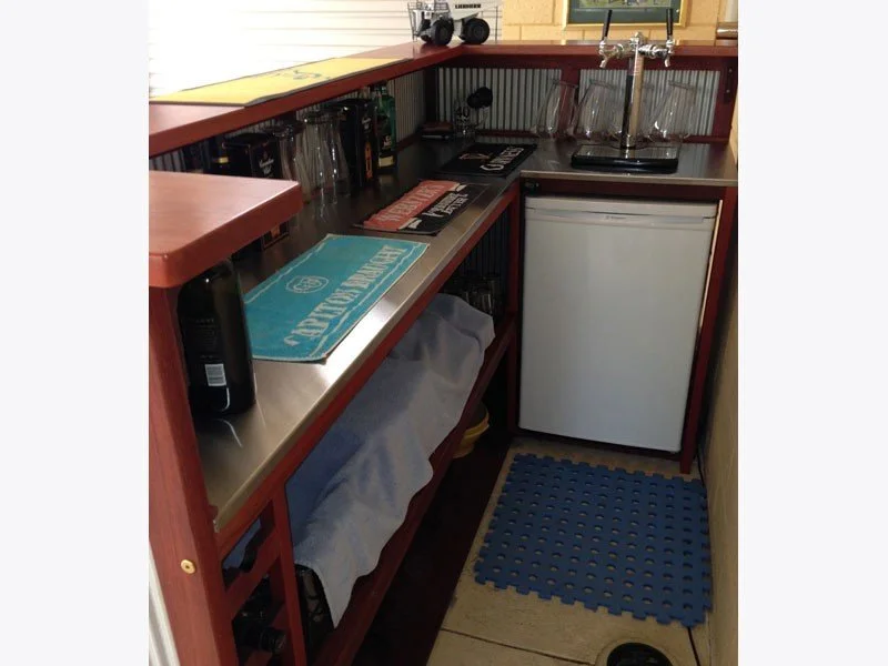 Jarrah and mini orb bar stainless steel shelving to house beer fridge with font
