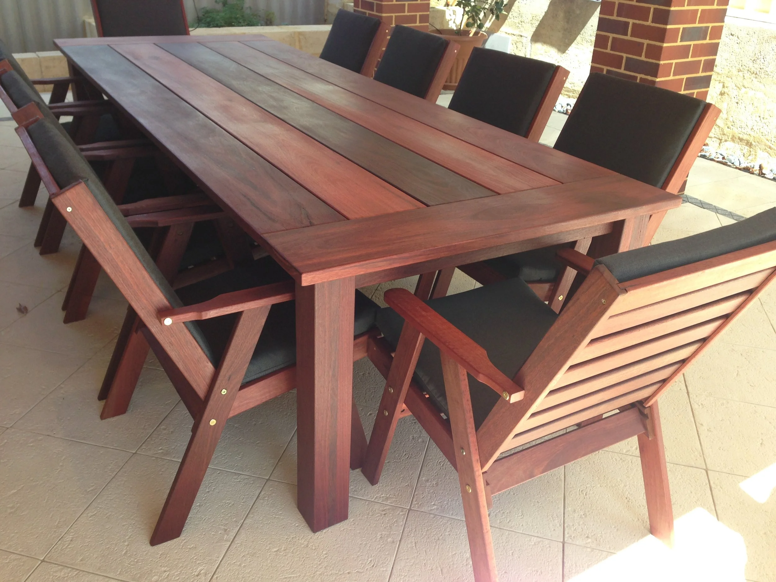10 seat Jarrah Wideboard table 2900 x 1000 4 x 1 with Easy chairs