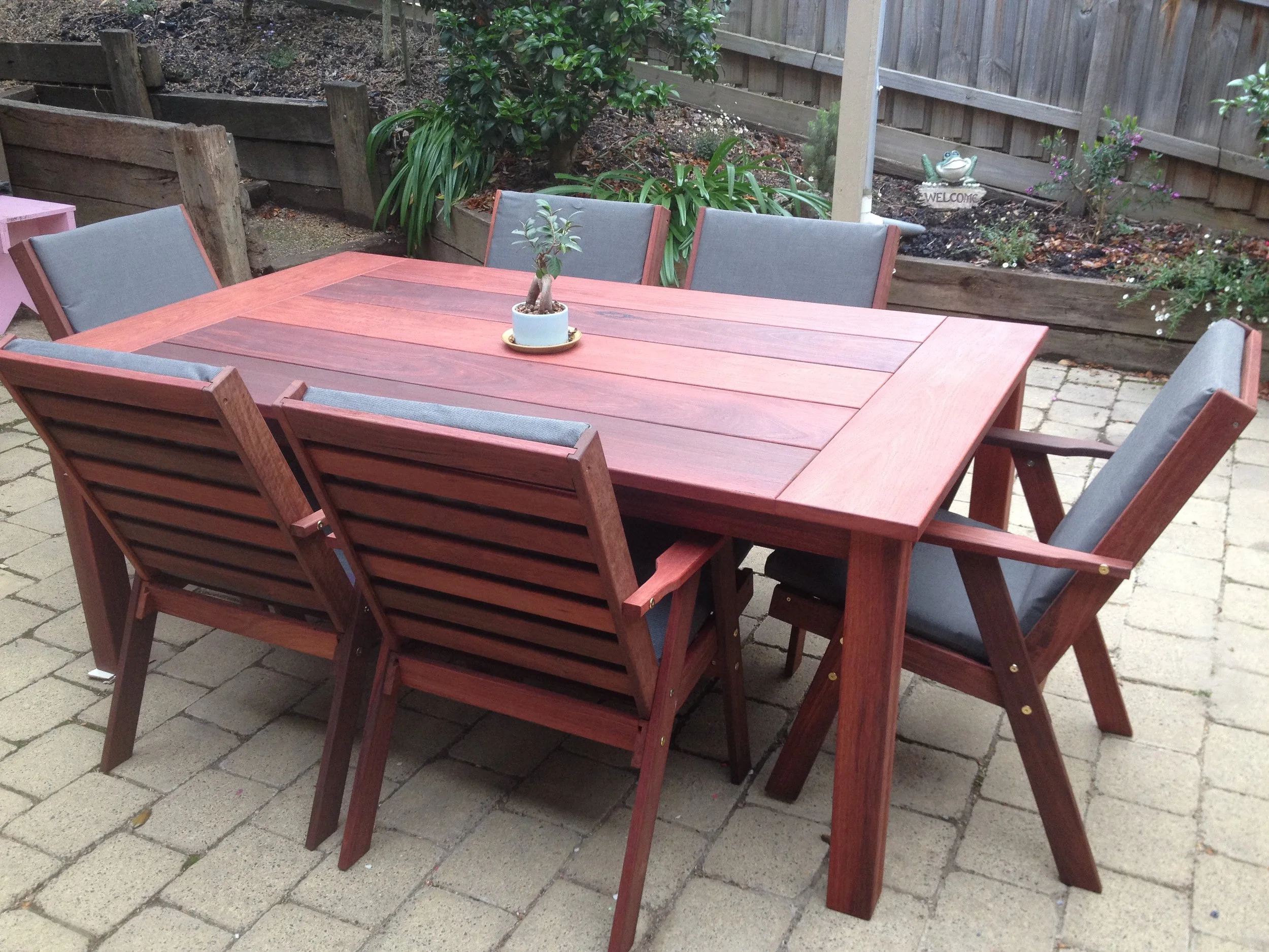 6 seat a Jarrah rectangular Wideboard table with Easy chairs