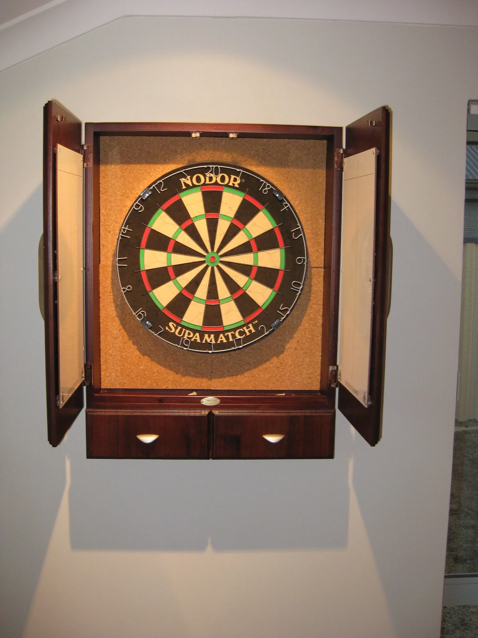 Jarrah dart board cupboard with mini drawers below
