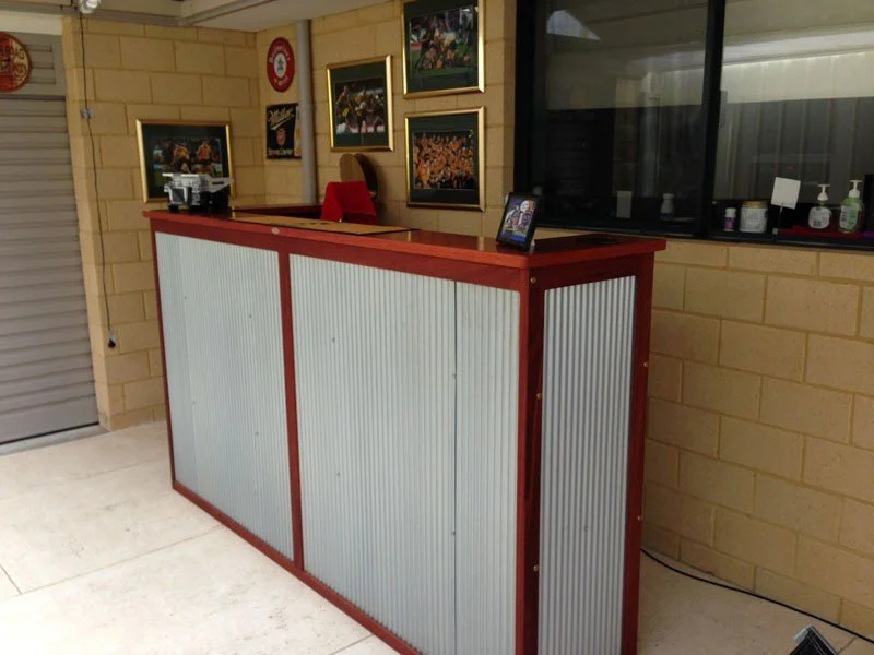 Jarrah and mini orb bar stainless steel shelving to house beer fridge with font