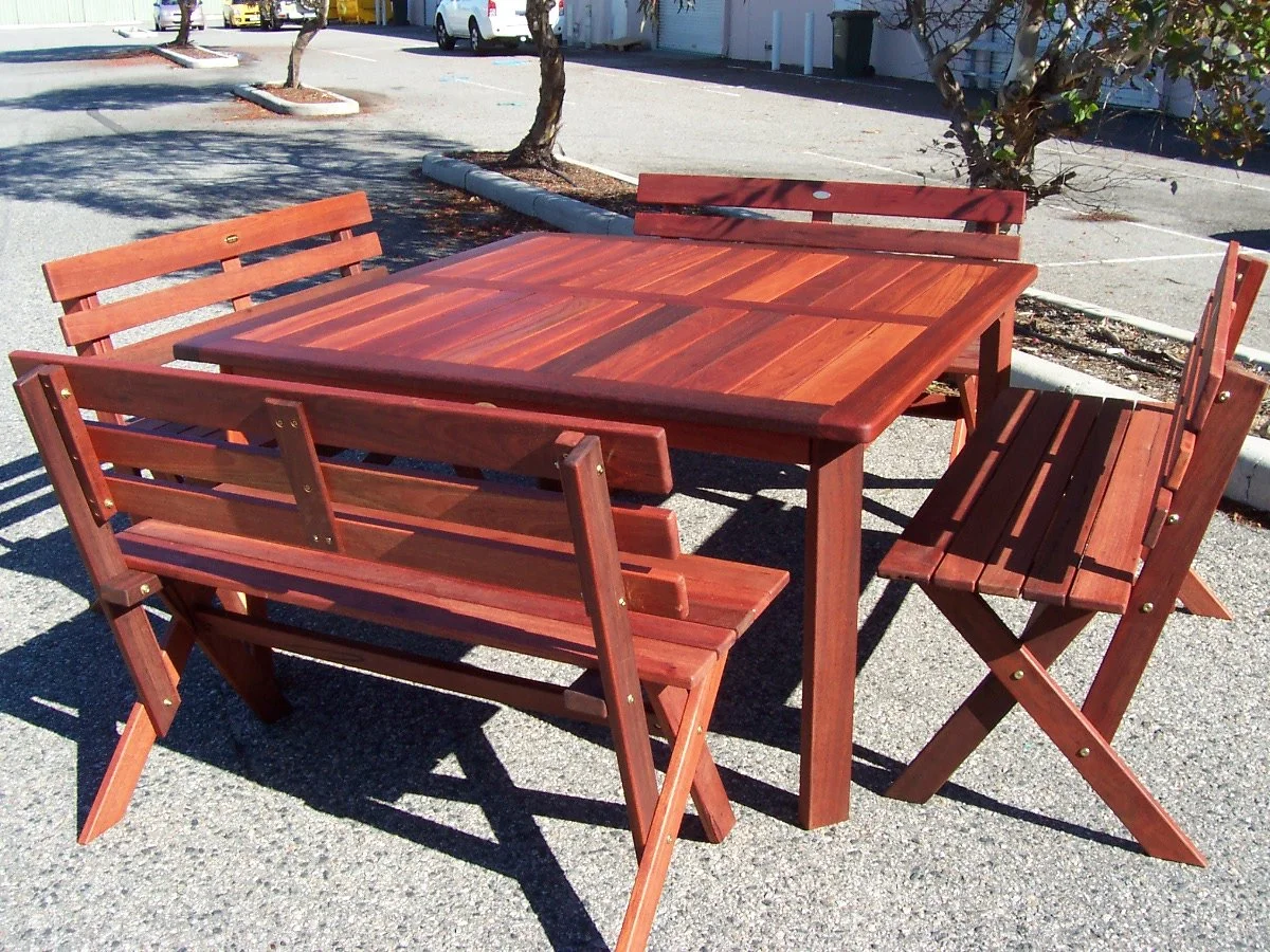 8 seat Traditional Jarrah square table, choice of 8 chairs of 4 x 3 seat benches 