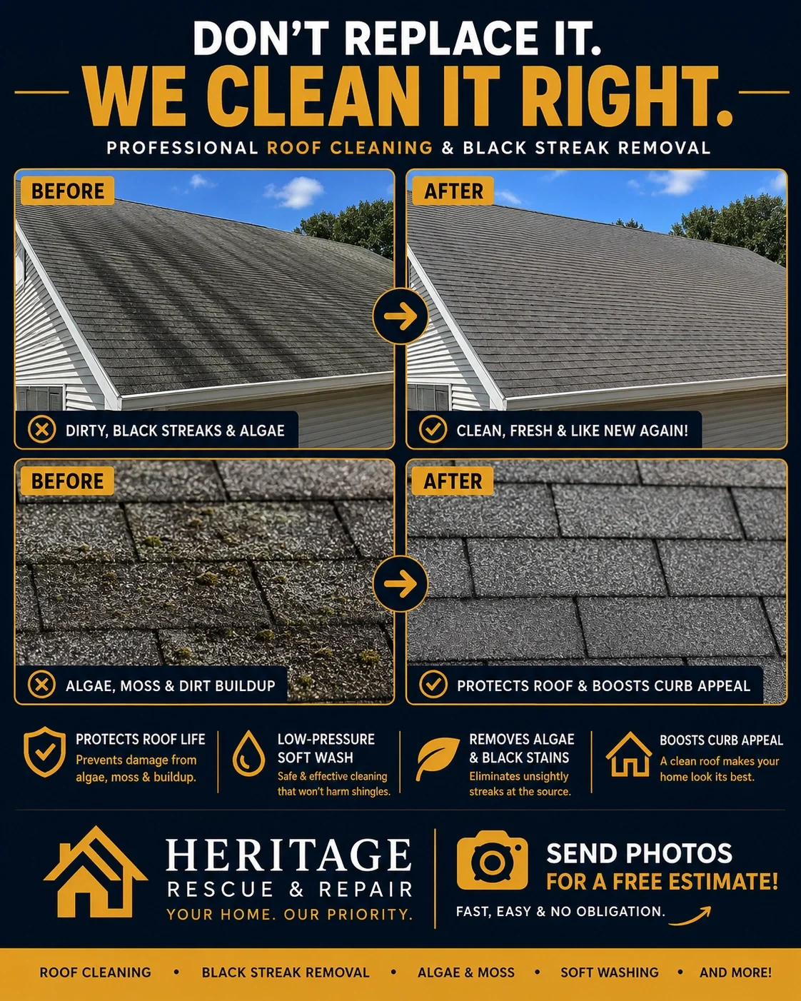 Before-and-after of a streaky, algae-covered roof with professional cleaning, showing improved appearance & protection against damage.